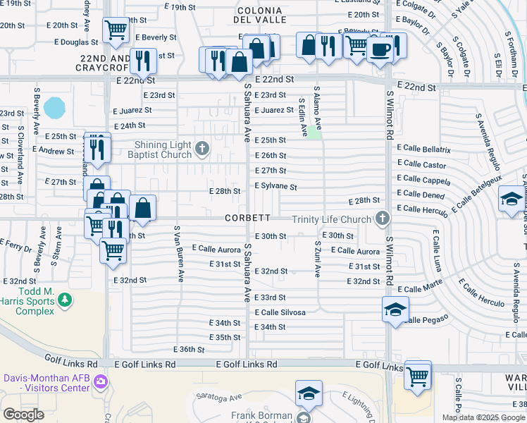 map of restaurants, bars, coffee shops, grocery stores, and more near 5949 East 29th Street in Tucson