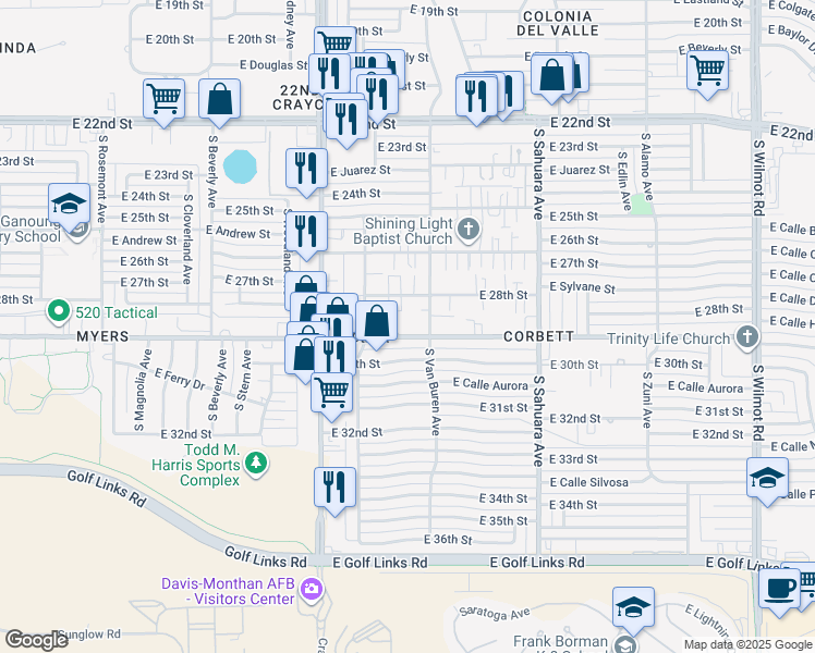 map of restaurants, bars, coffee shops, grocery stores, and more near 1814 South Van Buren Avenue in Tucson