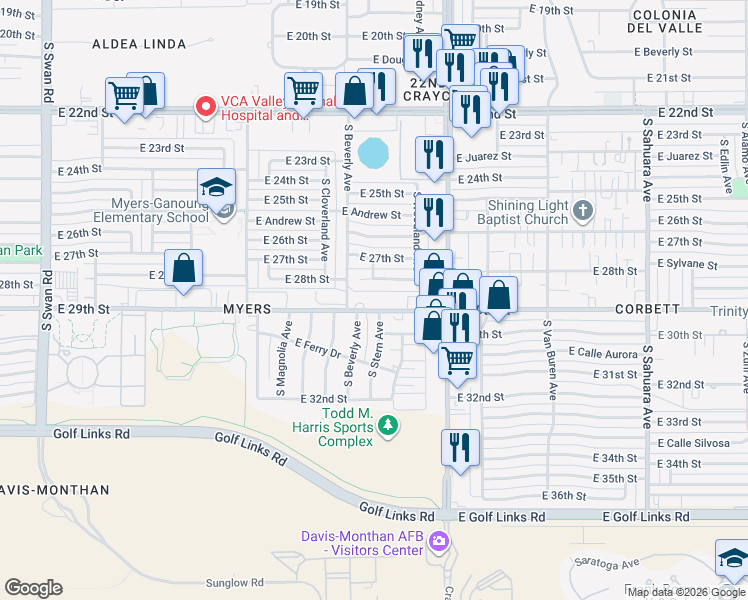 map of restaurants, bars, coffee shops, grocery stores, and more near 5326 East 28th Street in Tucson