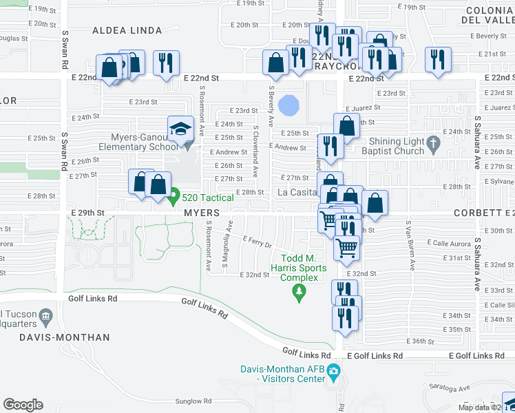 map of restaurants, bars, coffee shops, grocery stores, and more near 5255 East 29th Street in Tucson