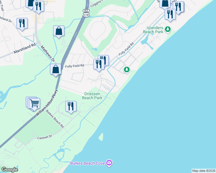 map of restaurants, bars, coffee shops, grocery stores, and more near in Hilton Head Island