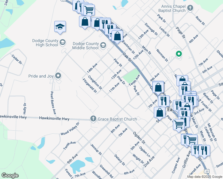 map of restaurants, bars, coffee shops, grocery stores, and more near 412 11th Avenue in Eastman