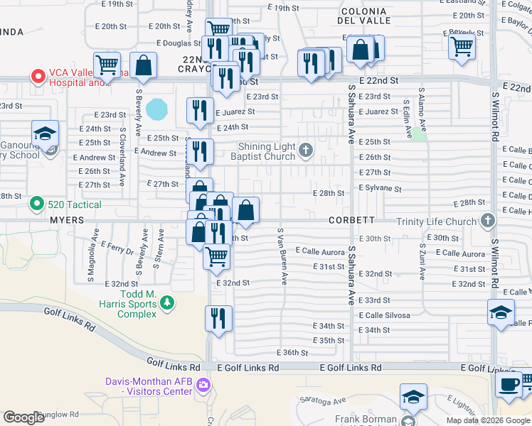 map of restaurants, bars, coffee shops, grocery stores, and more near 1814 South Van Buren Avenue in Tucson