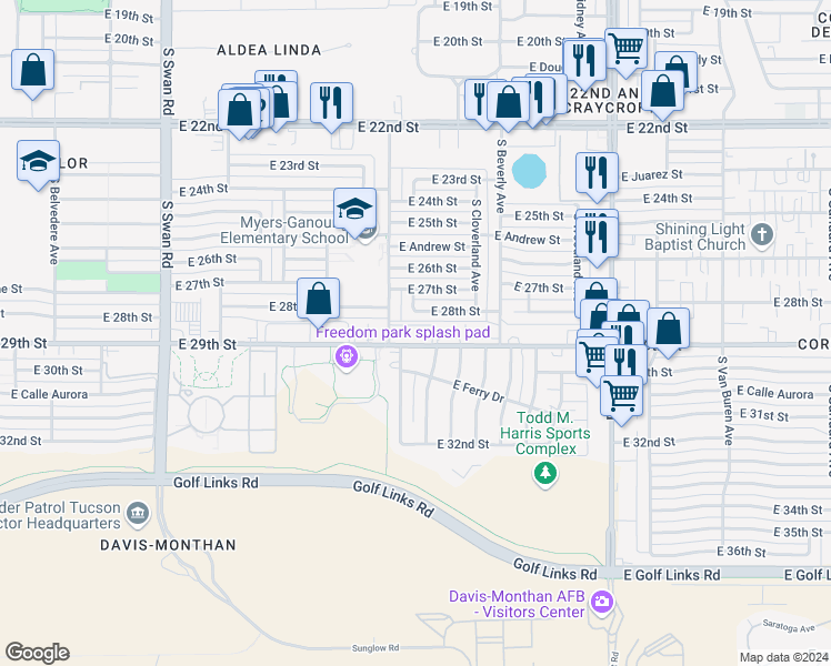 map of restaurants, bars, coffee shops, grocery stores, and more near 5122 East 28th Street in Tucson