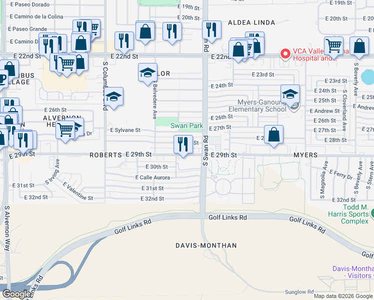 map of restaurants, bars, coffee shops, grocery stores, and more near 4634 East 28th Street in Tucson