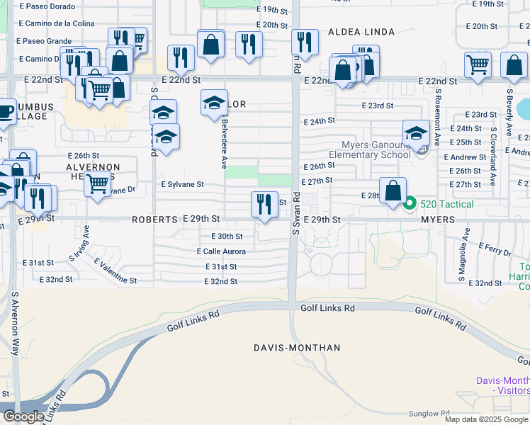 map of restaurants, bars, coffee shops, grocery stores, and more near 4634 East 28th Street in Tucson