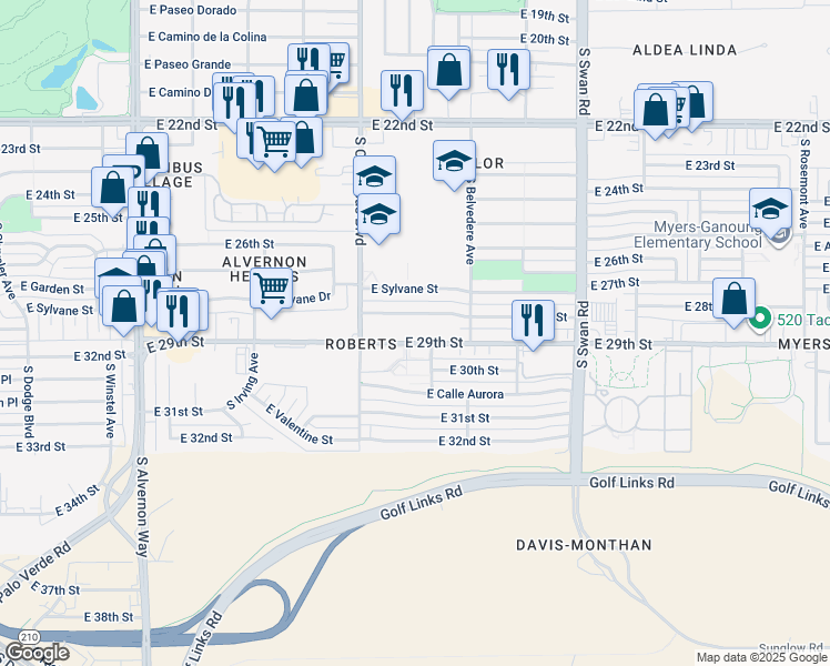 map of restaurants, bars, coffee shops, grocery stores, and more near 4342 East 28th Street in Tucson