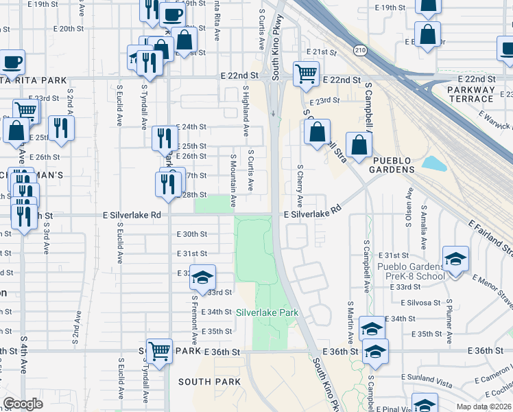 map of restaurants, bars, coffee shops, grocery stores, and more near 1410 East 28th Street in Tucson
