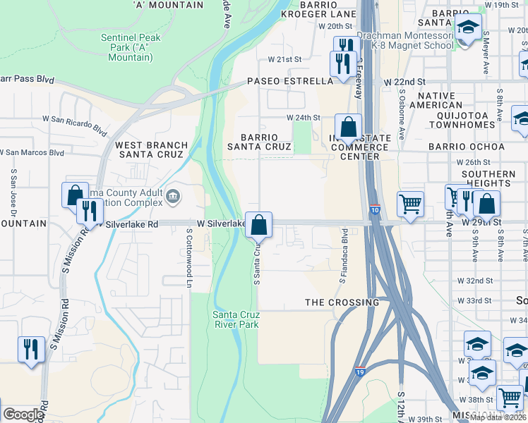 map of restaurants, bars, coffee shops, grocery stores, and more near 1808 South Santa Cruz Lane in Tucson