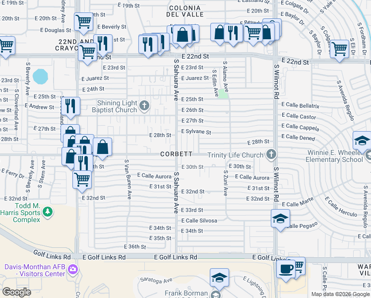 map of restaurants, bars, coffee shops, grocery stores, and more near 5949 East 29th Street in Tucson
