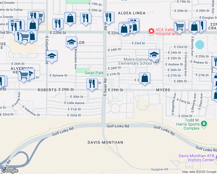 map of restaurants, bars, coffee shops, grocery stores, and more near 4701 East 29th Street in Tucson