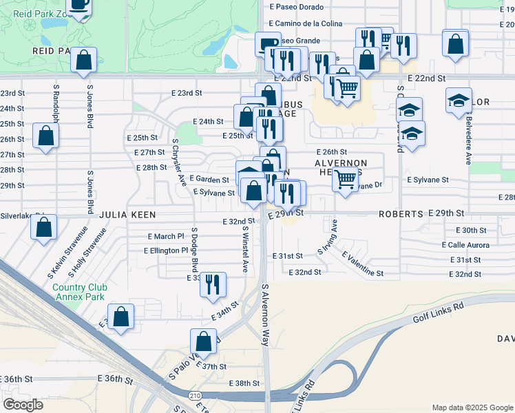 map of restaurants, bars, coffee shops, grocery stores, and more near 1854 South Alvernon Way in Tucson