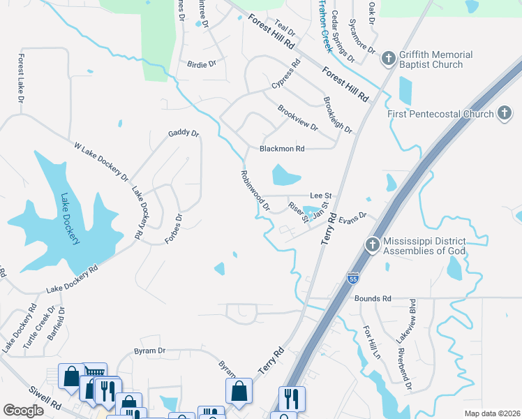 map of restaurants, bars, coffee shops, grocery stores, and more near 868 Robinwood Drive in Jackson