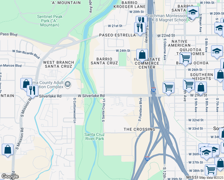 map of restaurants, bars, coffee shops, grocery stores, and more near 938 West Silverlake Road in Tucson