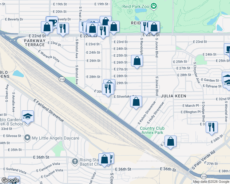 map of restaurants, bars, coffee shops, grocery stores, and more near 3101 East 30th Street in Tucson