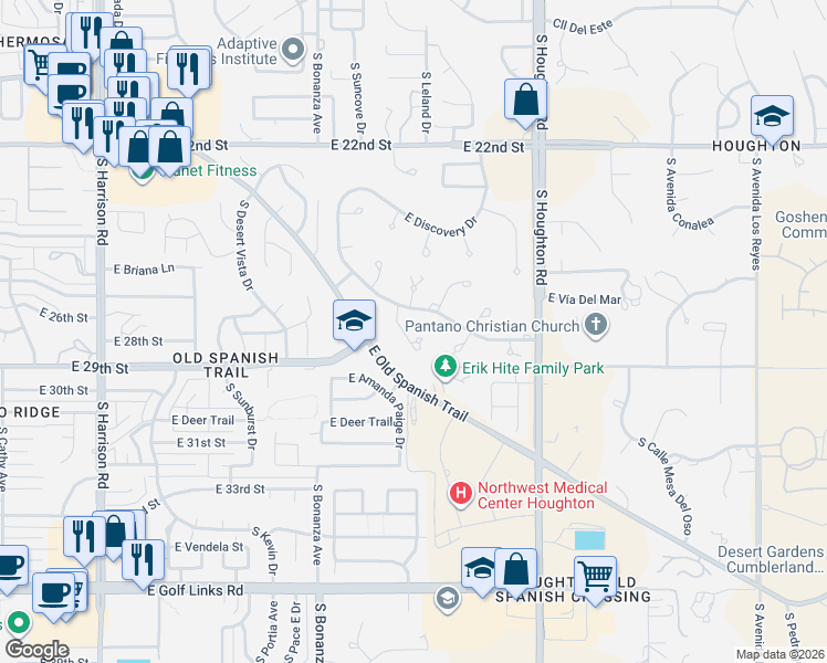 map of restaurants, bars, coffee shops, grocery stores, and more near 10050 East Discovery Drive in Tucson
