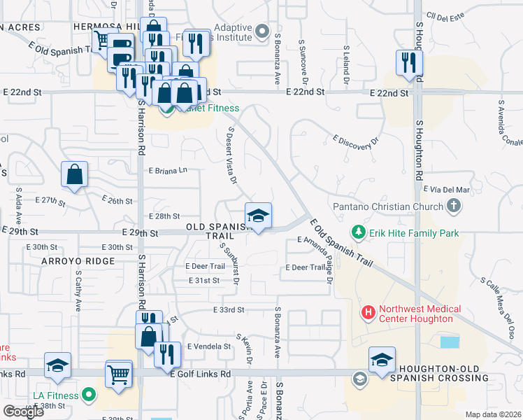 map of restaurants, bars, coffee shops, grocery stores, and more near 1781 South Desert Vista Drive in Tucson