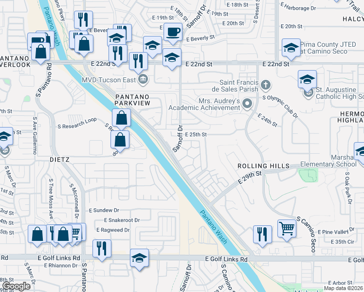 map of restaurants, bars, coffee shops, grocery stores, and more near 1772 South Sarnoff Drive in Tucson