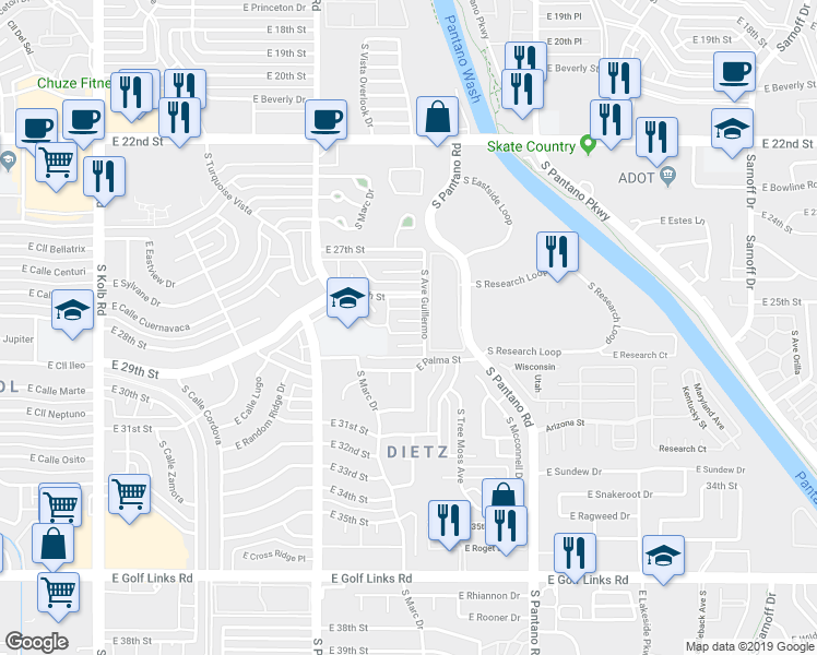map of restaurants, bars, coffee shops, grocery stores, and more near 7625 East Jalapa Place in Tucson
