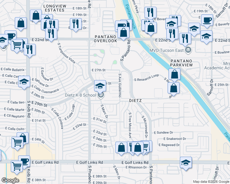 map of restaurants, bars, coffee shops, grocery stores, and more near 7625 East Jalapa Place in Tucson