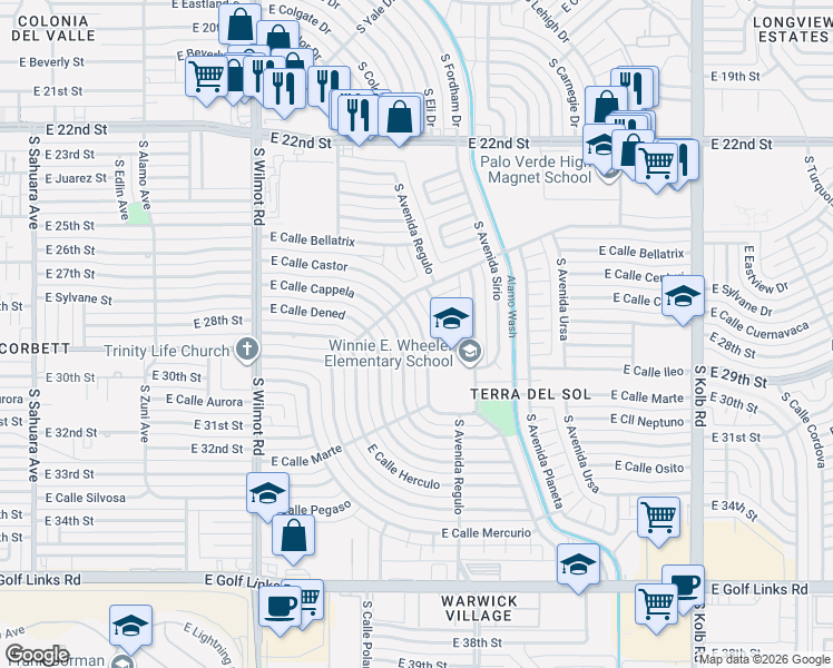 map of restaurants, bars, coffee shops, grocery stores, and more near 6525 East Calle Castor in Tucson