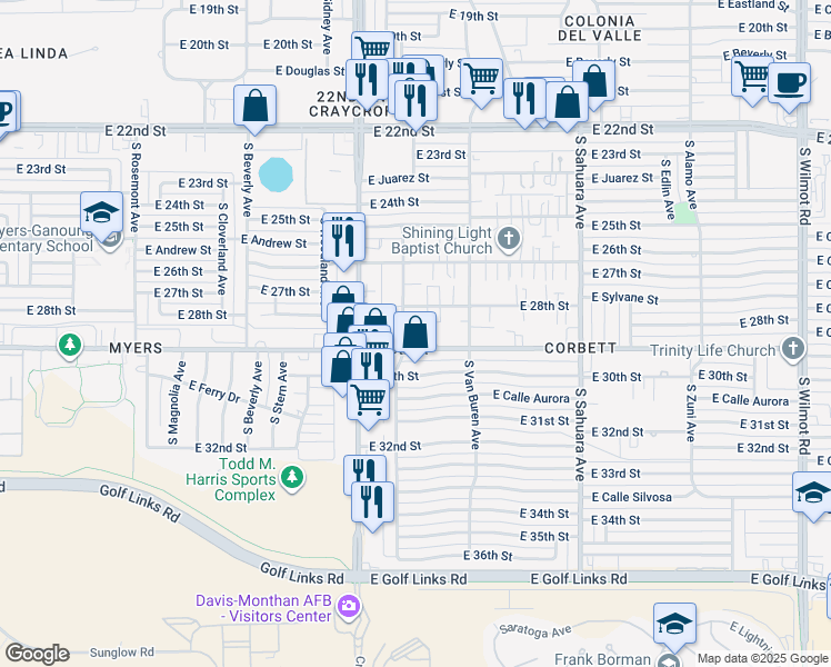 map of restaurants, bars, coffee shops, grocery stores, and more near 5630 East 28th Street in Tucson