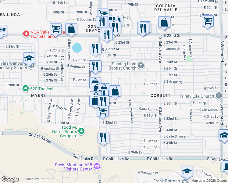map of restaurants, bars, coffee shops, grocery stores, and more near 5630 East 28th Street in Tucson