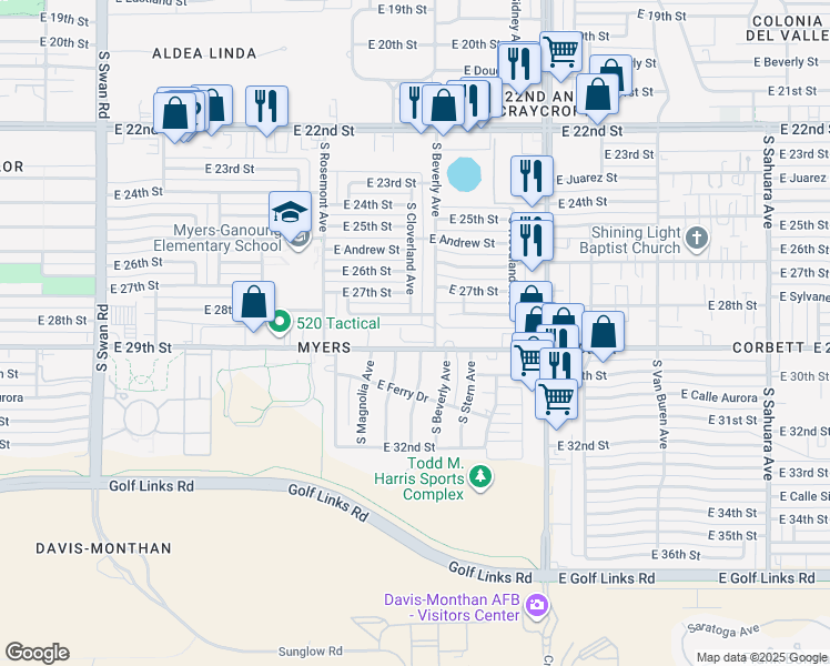 map of restaurants, bars, coffee shops, grocery stores, and more near 5248 East 28th Street in Tucson