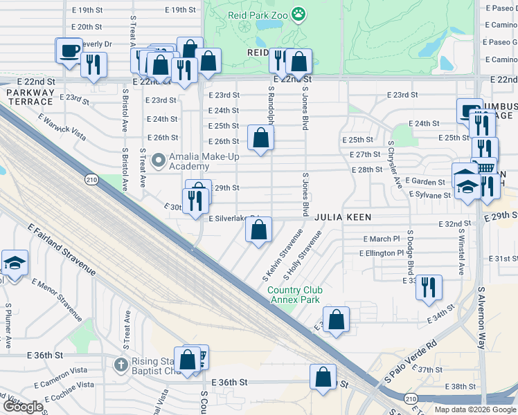 map of restaurants, bars, coffee shops, grocery stores, and more near 3235 East 30th Street in Tucson