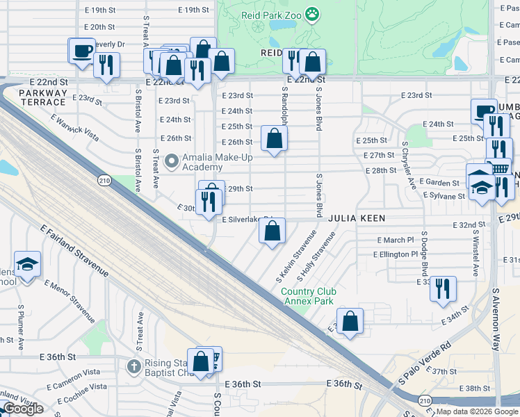 map of restaurants, bars, coffee shops, grocery stores, and more near 3235 East 30th Street in Tucson