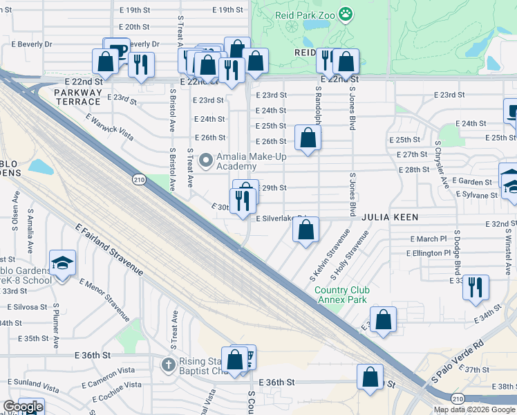 map of restaurants, bars, coffee shops, grocery stores, and more near 3101 East 30th Street in Tucson