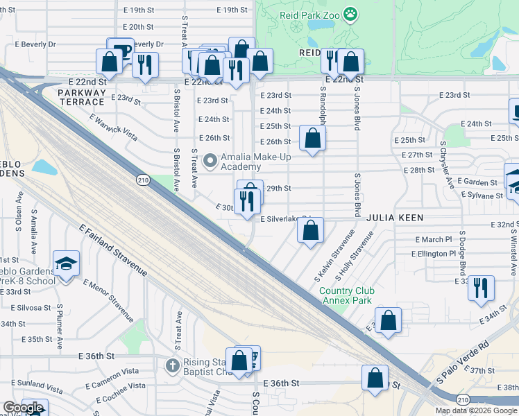 map of restaurants, bars, coffee shops, grocery stores, and more near 3101 East 30th Street in Tucson