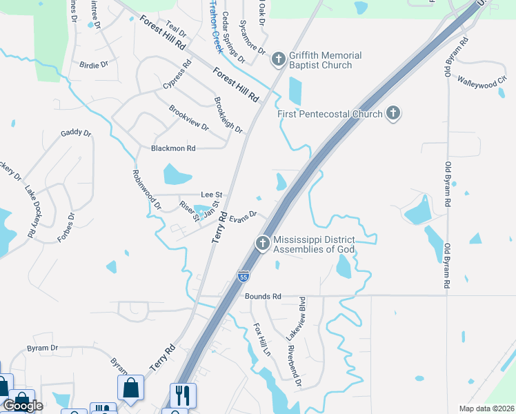 map of restaurants, bars, coffee shops, grocery stores, and more near 118 Evans Drive in Byram