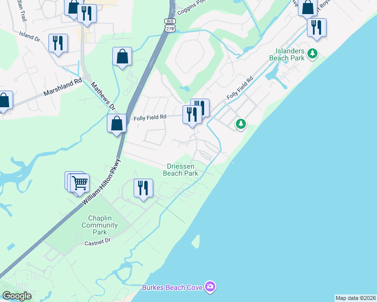 map of restaurants, bars, coffee shops, grocery stores, and more near Starfish Dr in Hilton Head Island