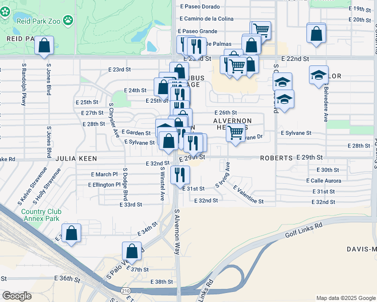 map of restaurants, bars, coffee shops, grocery stores, and more near 3925 East 29th Street in Tucson