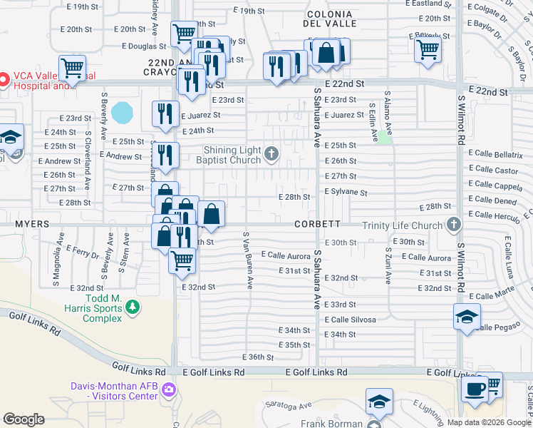 map of restaurants, bars, coffee shops, grocery stores, and more near 5733 East 29th Street in Tucson