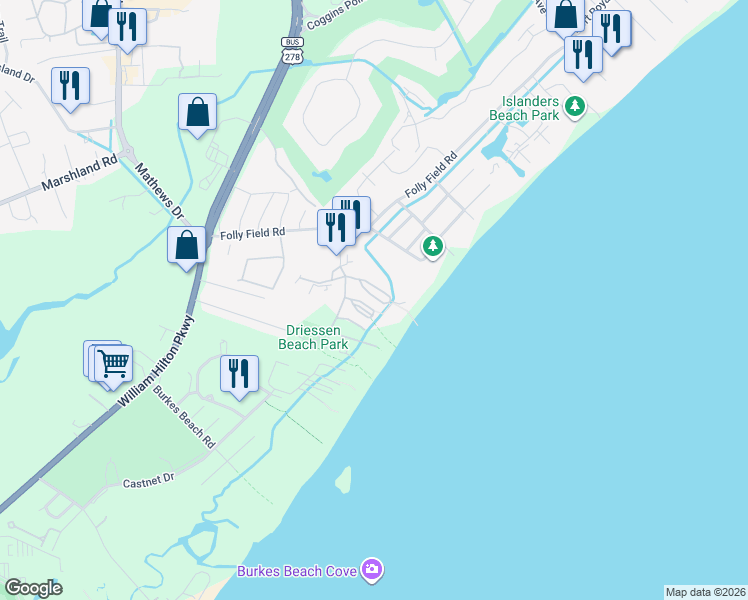 map of restaurants, bars, coffee shops, grocery stores, and more near 40 Folly Field Road in Hilton Head Island