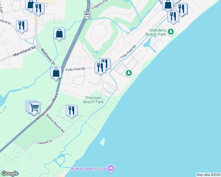 map of restaurants, bars, coffee shops, grocery stores, and more near in Hilton Head Island
