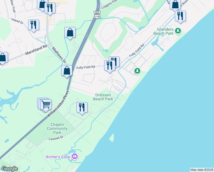 map of restaurants, bars, coffee shops, grocery stores, and more near Starfish Dr in Hilton Head Island