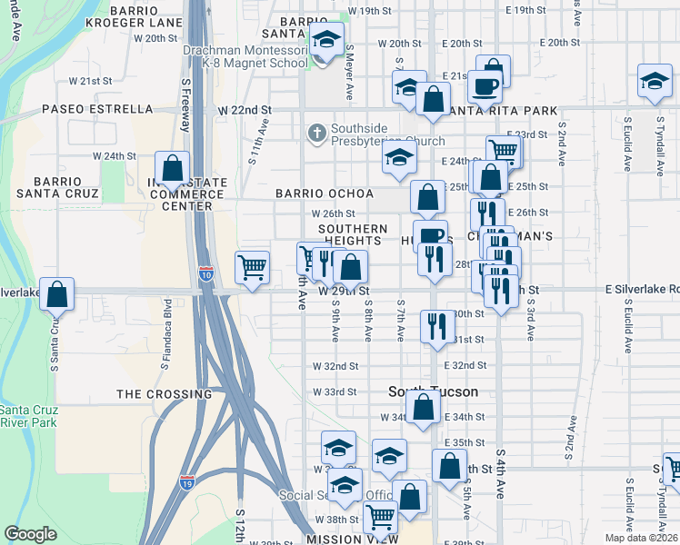 map of restaurants, bars, coffee shops, grocery stores, and more near 1815 South 9th Avenue in Tucson