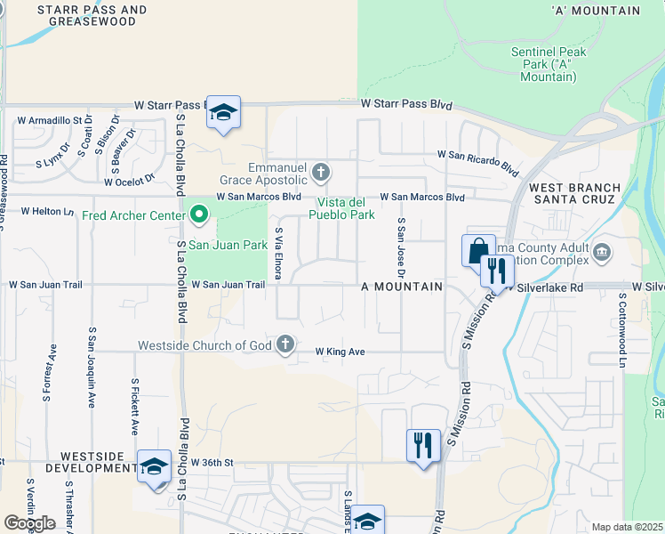 map of restaurants, bars, coffee shops, grocery stores, and more near 1825 West Calle Del Arroyito in Tucson