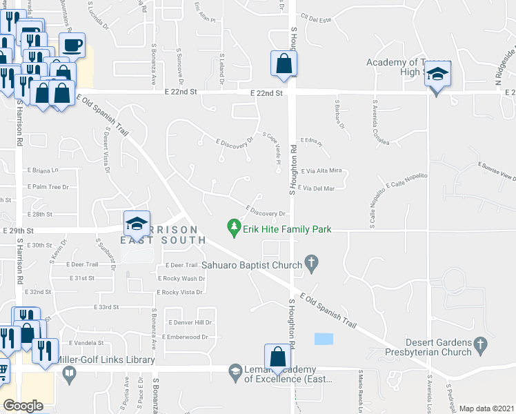 map of restaurants, bars, coffee shops, grocery stores, and more near 1735 South Carthage Place in Tucson