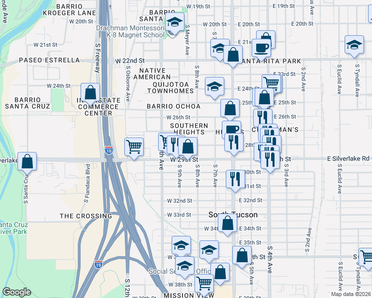 map of restaurants, bars, coffee shops, grocery stores, and more near 301 West 28th Street in Tucson