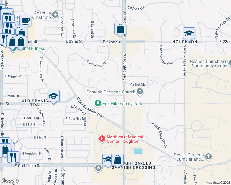 map of restaurants, bars, coffee shops, grocery stores, and more near 10241 East Discovery Drive in Tucson