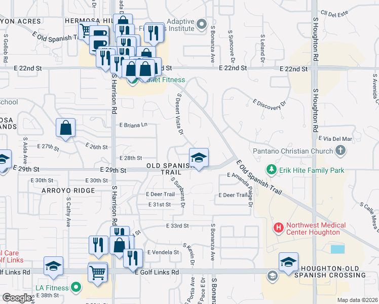 map of restaurants, bars, coffee shops, grocery stores, and more near 9770 East Sunburst Drive in Tucson