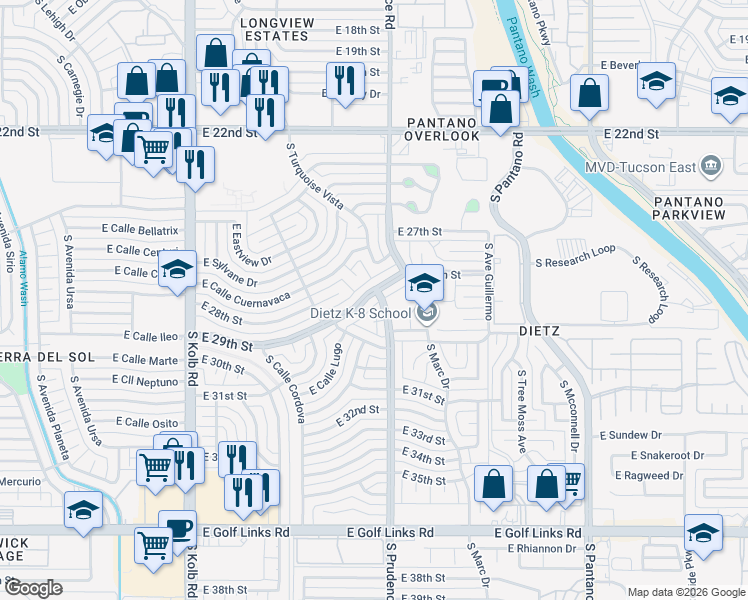 map of restaurants, bars, coffee shops, grocery stores, and more near 7437 East 29th Street in Tucson