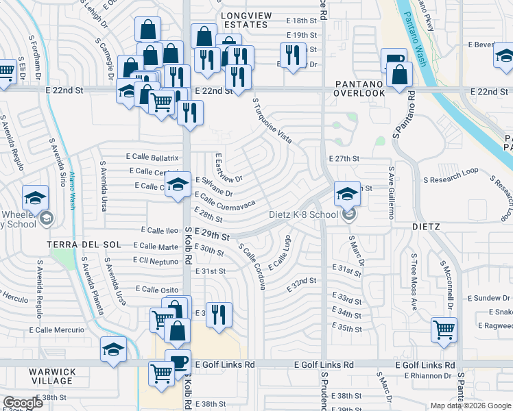 map of restaurants, bars, coffee shops, grocery stores, and more near 7310 East Calle Cuernavaca in Tucson