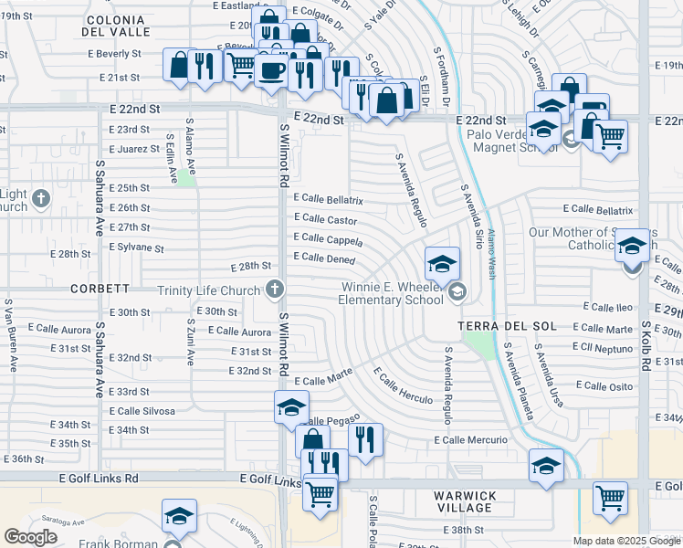 map of restaurants, bars, coffee shops, grocery stores, and more near 6426 East Calle Dened in Tucson