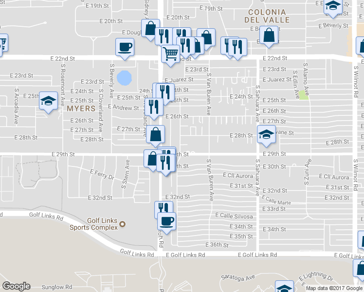 map of restaurants, bars, coffee shops, grocery stores, and more near 5630 East 28th Street in Tucson