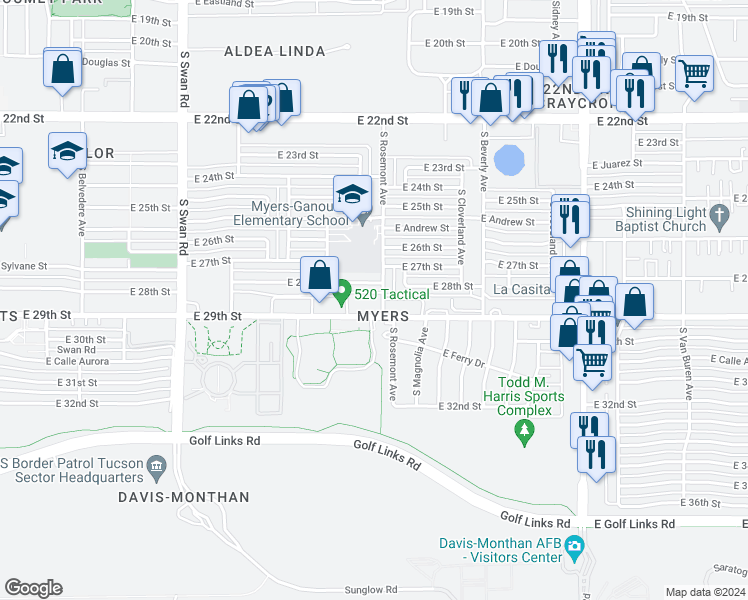 map of restaurants, bars, coffee shops, grocery stores, and more near 5050 East 28th Street in Tucson